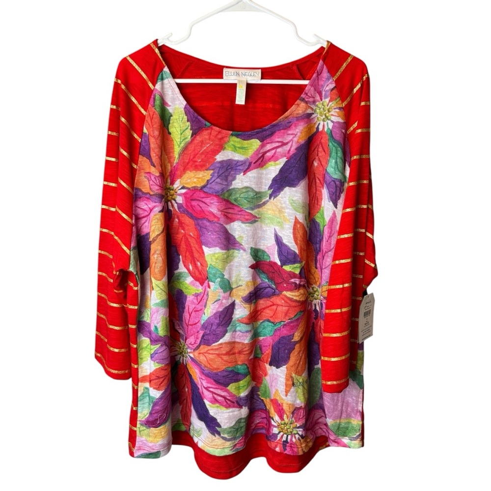 Ellen Negley Art & Soul Red & Gold Striped Floral 3/4 Sleeve Top XXXL